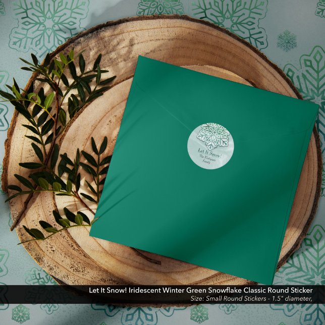 Adesivo Redondo Deixe-O Neve! Floco de neve verde de inverno iride (Let It Snow! Iridescent Winter Green Snowflake Classic Round Sticker)