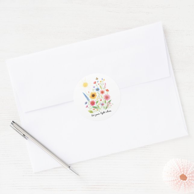 Adesivo Redondo Deixe sua luz brilhar flores e sol (Envelope)