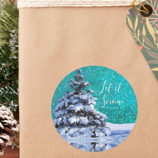 Adesivo Redondo Deixem-na nevar, árvore de inverno, azul-clara (Criador carregado)