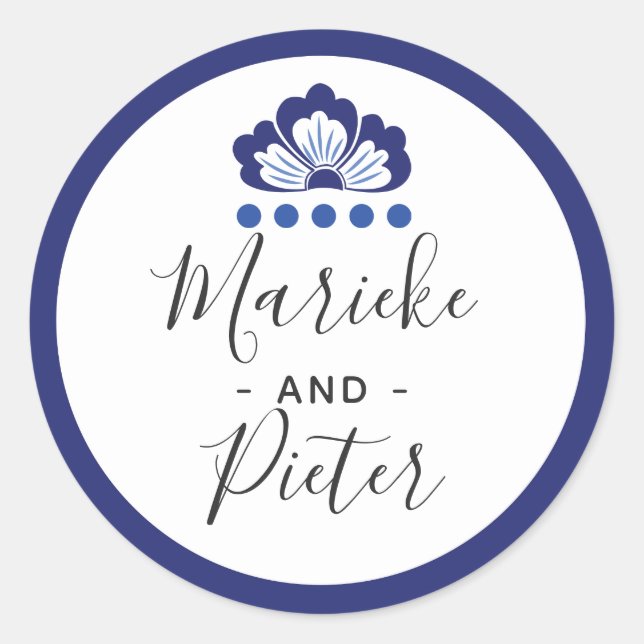 Adesivo Redondo Delfts Blauw Delft Blue Dutch Wedding Personalizad (Frente)