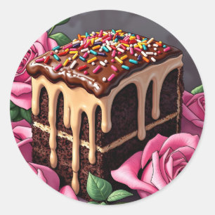 Adesivo Redondo Delicioso Bolo de Aniversário de Chocolate com Con