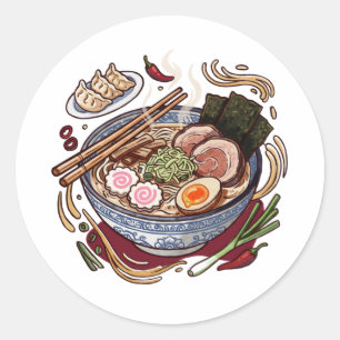 Adesivo Redondo Deliciosos Ramen Japoneses e Bolinhos Gyoza.