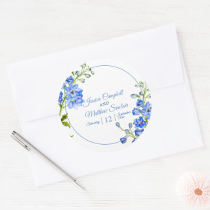 Adesivo Redondo Delphinium floresce azul aquarela casamento