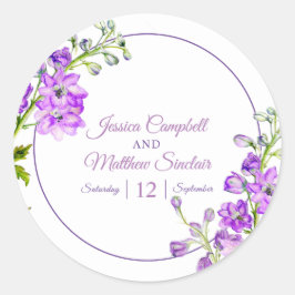 Adesivo Redondo Delphinium floresce casamentos de aquarela roxa