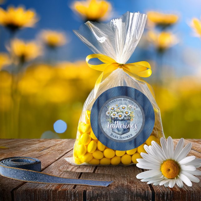 Adesivo Redondo Denim Blue Jean | Daisies Floral Chá de fraldas (Blue Jean Pocket Denim and Daisies Baby Shower Favor Classic Round Sticker)