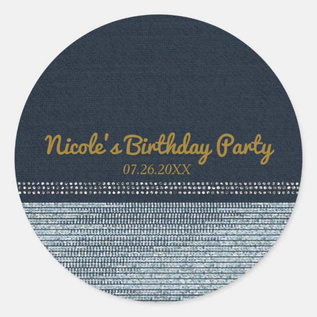 Adesivo Redondo Denim & Diamantes Glam Bling Chic Elegant Favor (Frente)