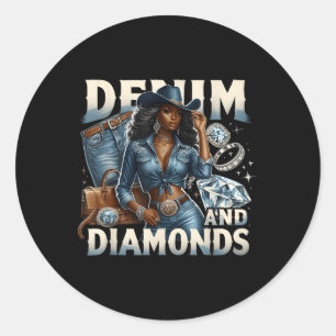 Adesivo Redondo Denim E Diamantes Africanos Melanina Swag Cowgirl