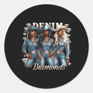 Adesivo Redondo Denim E Diamantes Africanos Melanina Swag Cowgirl 