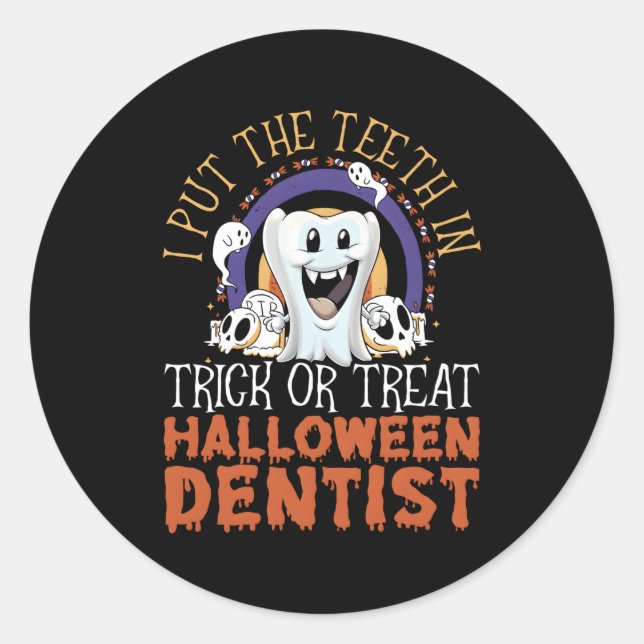 Adesivo Redondo Dentista Halloween Trick Ou Tratar Dentista Dental (Frente)