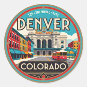 Adesivo Redondo Denver Colorado Capital Retro Montanha Viagem Memo