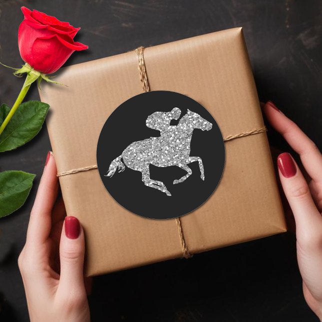 Adesivo Redondo Derby Silver Racecavalo a Preto (Silver glitter racehorse Derby black round stickers)