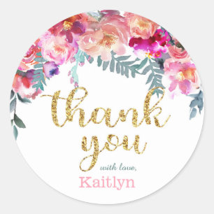 Adesivo Redondo Descarte Floral de Aquarela Elegante Obrigado