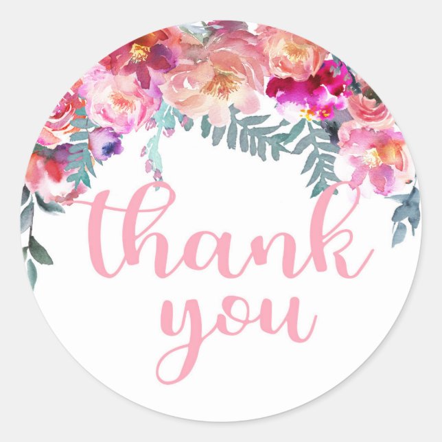 Adesivo Redondo Descarte Floral de Aquarela Elegante Obrigado (Frente)