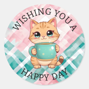 Adesivo Redondo Desejando um Feliz Dia Gato Fofo