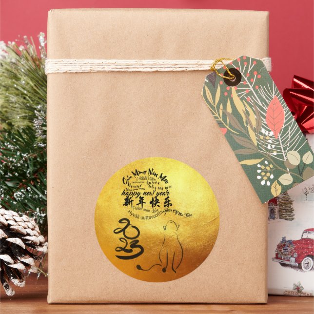 Adesivo Redondo Desejos Internacionais — Ano de Gato 2023 Ouro RSt (Feriado)