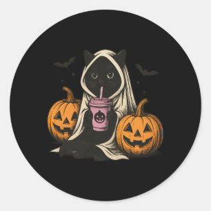 Adesivo Redondo Desempenho de Fantasma de Gato Preto no Halloween