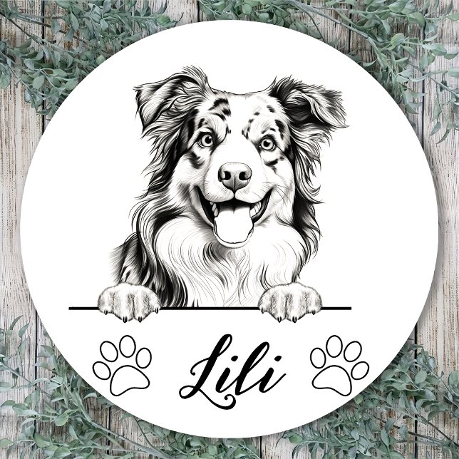 Adesivo Redondo Desenho à Mão de Australian Shepherd Personalizado (Criador carregado)