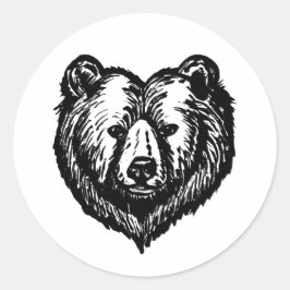 Adesivo Redondo Desenho a Tinta da Cara de Urso Preto e Branco