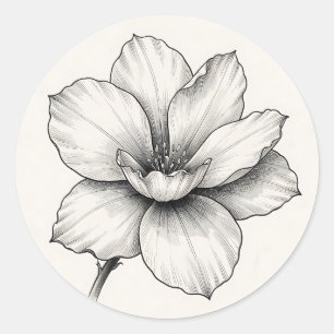 Adesivo Redondo Desenho a Tinta de Flor Botânica Vintage em Linha