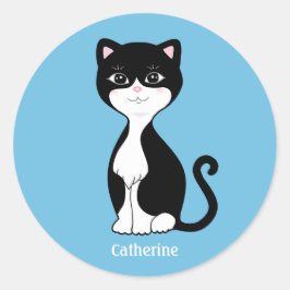 Adesivo Redondo Desenho animado de gato de smoking fofo em azul cl
