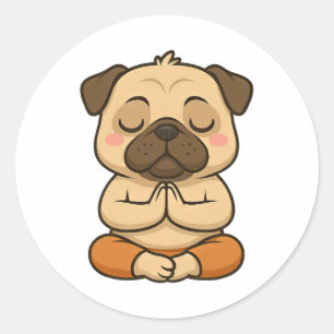 Adesivo Redondo Desenho animado de pug fofo ioga meditação relaxam