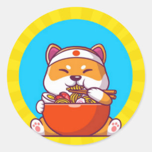 Adesivo Redondo Desenho Animado de Shiba Inu Fofo Comendo Macarrão