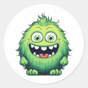 Adesivo Redondo Desenho Animado Monstro Verde Fofo Sorridente