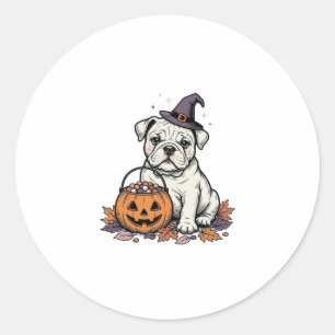 Adesivo Redondo Desenho de Abóbora Bulldog de Halloween Gravado Vi