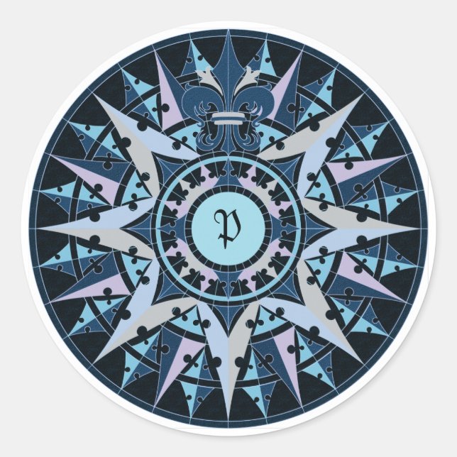 Adesivo Redondo Desenho de arte, rosa de bússola antiga, adicionar (Frente)