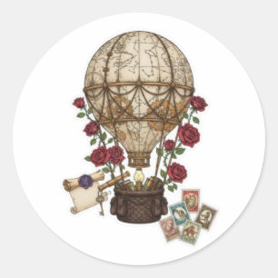 Adesivo Redondo Desenho de aventura de balão de ar quente Steampun