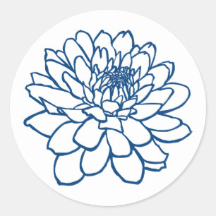 Adesivo Redondo Desenho De Chrysanthemum - Estilo Indigo Azul