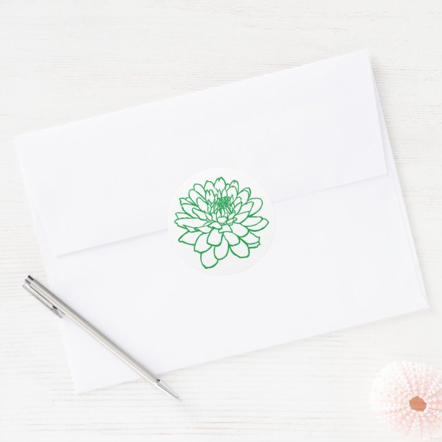 Adesivo Redondo Desenho de Chrysanthemum - Verde-Grama em Branco (Envelope)