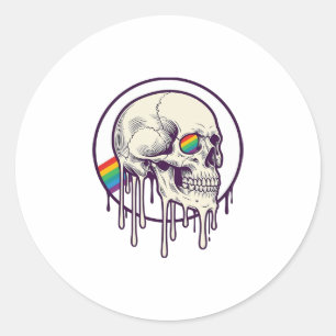 Adesivo Redondo Desenho de crânio pingando arco-íris com gravação 