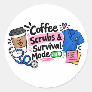 Adesivo Redondo Desenho de Enfermeira Modo Sobrevivência com Café 