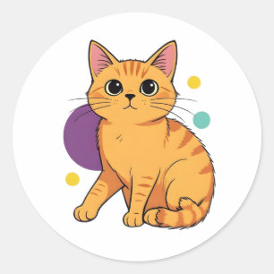 Adesivo Redondo Desenho de Gato Atigrado Laranja Fofo