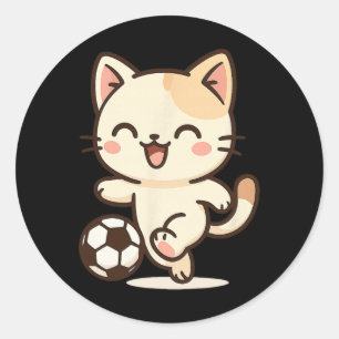 Adesivo Redondo Desenho de Gato Kawaii de Futebol. Arte de Animal