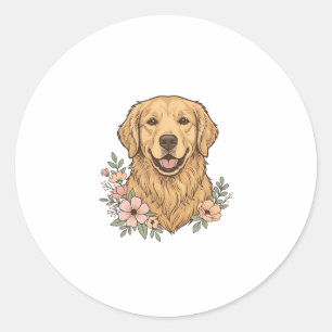 Adesivo Redondo Desenho de Gravura Vintage Floral Golden Retriever