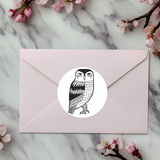 Adesivo Redondo Desenho de linha Wise Owl preto (Wise Owl line drawing black Classic Round Sticker
)