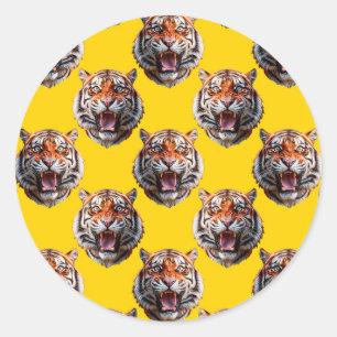 Adesivo Redondo Desenho de padrão de cabeça de tigre amarelo