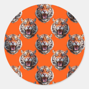 Adesivo Redondo Desenho de padrão de cabeça de tigre laranja