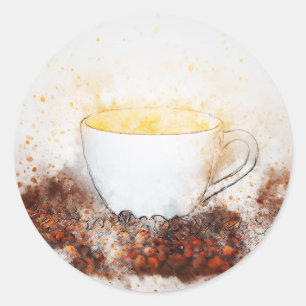 Adesivo Redondo Desenho de uma taça quente de café entre grãos de