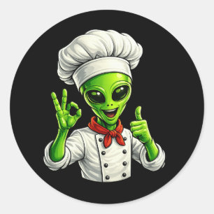 Adesivo Redondo Desenho Divertido de Chef Alien Culinária Espacial