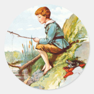 Adesivo Redondo Desenho do vintage: Pesca do menino em um rio