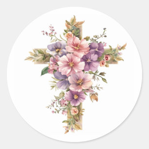 Adesivo Redondo Desenho Floral de Cruz Católica Religiosa Cristã