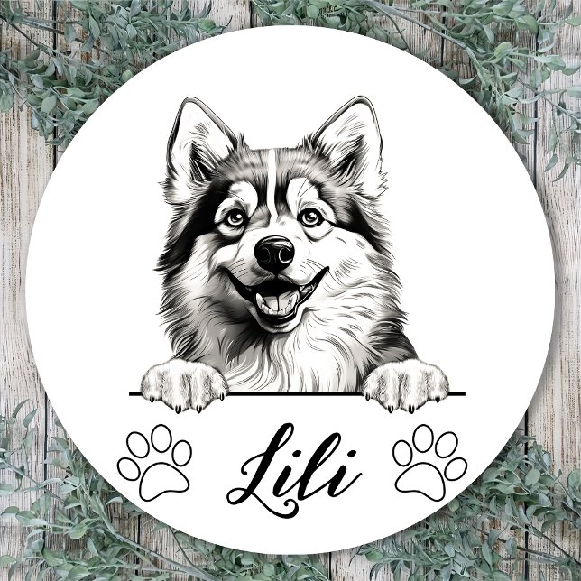 Adesivo Redondo Desenho Personalizado à Mão de Cachorro Pomsky (Criador carregado)
