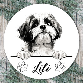 Adesivo Redondo Desenho Personalizado à Mão de Cachorro Shih Tzu