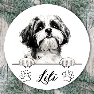 Adesivo Redondo Desenho Personalizado à Mão de Cachorro Shih Tzu