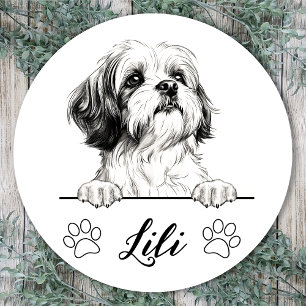 Adesivo Redondo Desenho Personalizado à Mão de Cão Shih Tzu