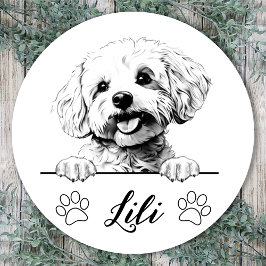 Adesivo Redondo Desenho Personalizado à Mão do Cão Bichon Frise