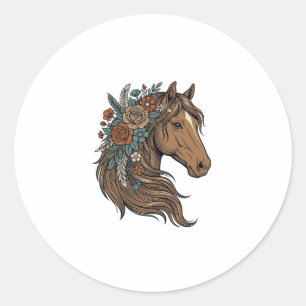 Adesivo Redondo Desenho Vetorial de Cabeça de Cavalo Floral Vintag